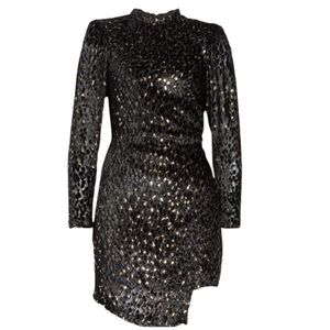 A.L.C. New Jane Velvet Long Sleeve Black Metallic Gold Mini Dress Size 14